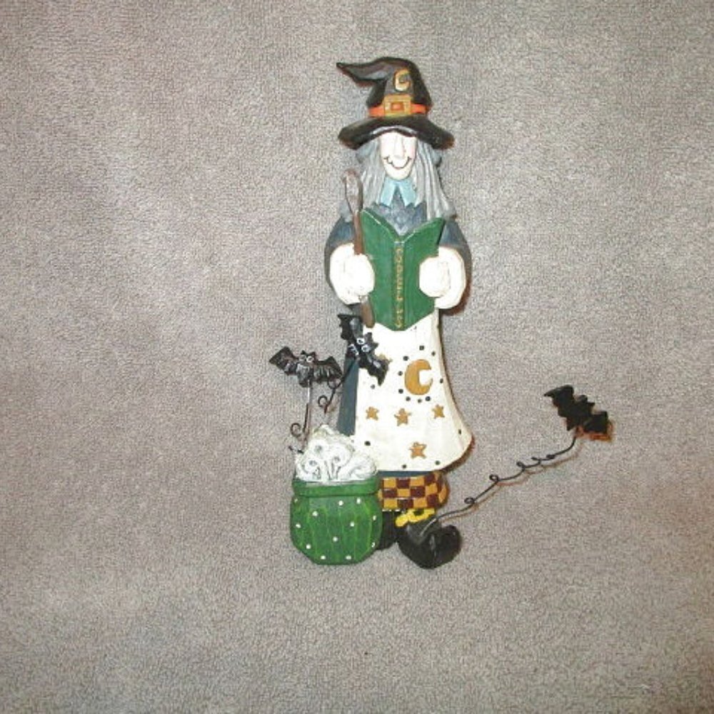 Halloween Witch Figurine Kinetic Bats Wood Celestial Moon & Stars Cauldron 8”